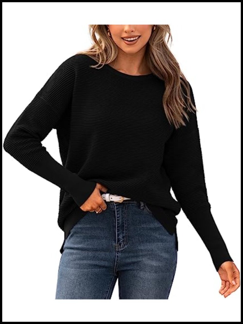 Women's Long Sleeve Ribbed Knit Crew Neck Loose Fit Batwing Sweater Fall Winter